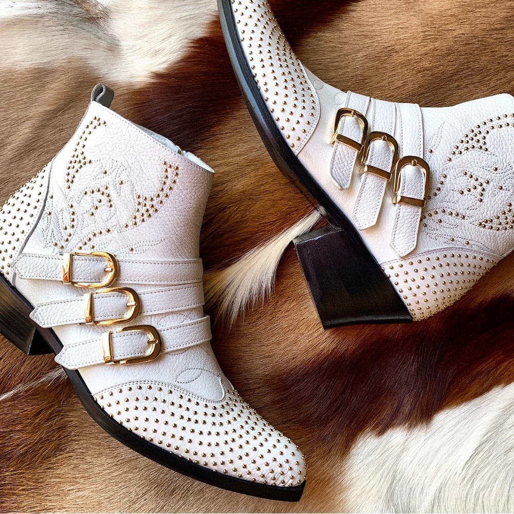 ANINE BING white leather Penny bootie ankle boots with Gold Accents shoes heels